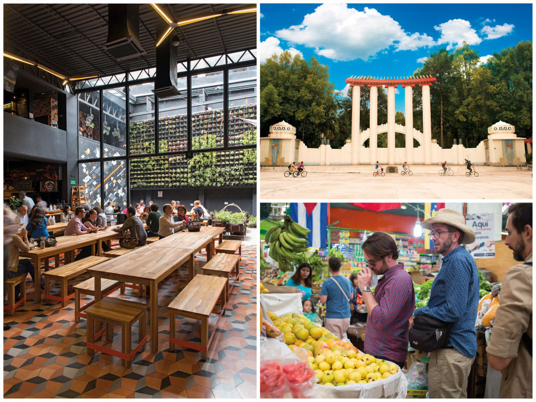 A collage showcasing Mexico City's culinary and social scenes, including Mercadoroma and El Taco Club.