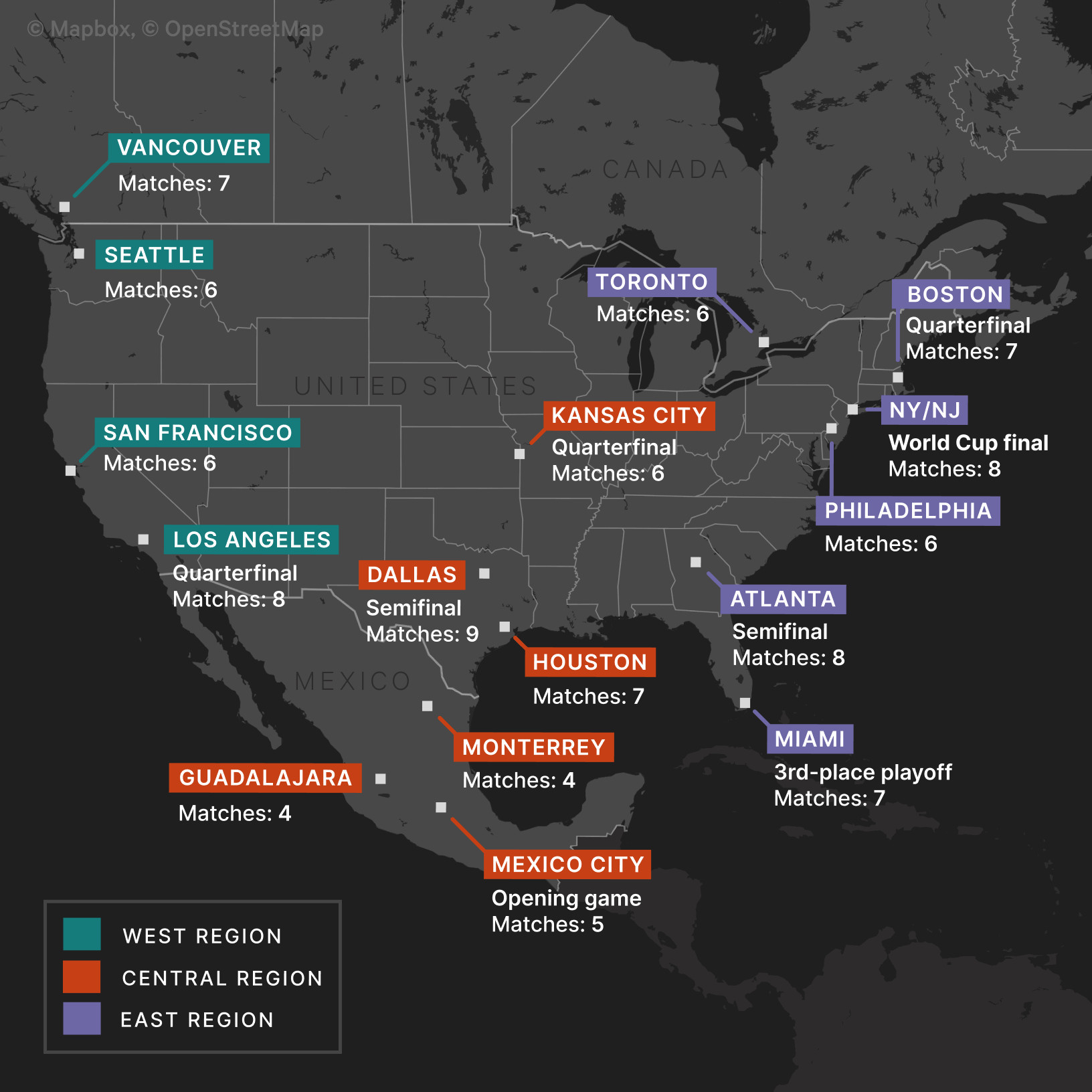 Map showing the host cities for the 2026 World Cup.