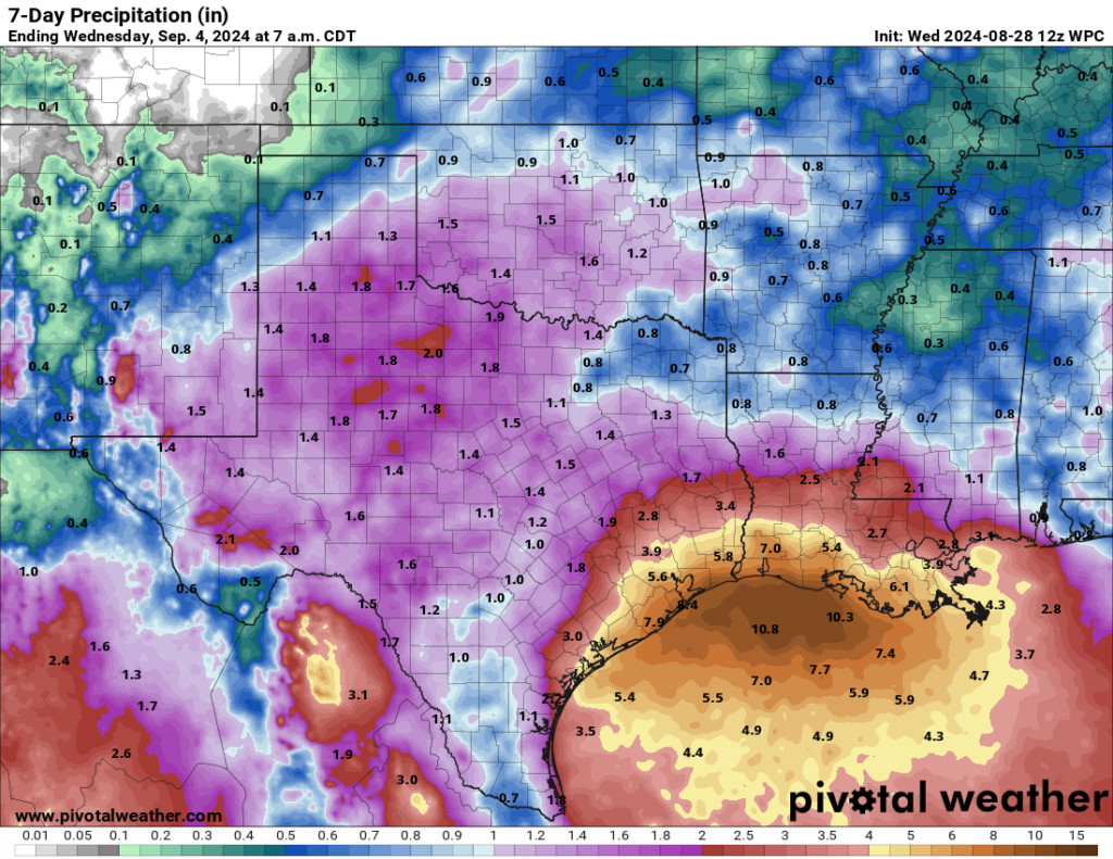 Rainfall forecast for the next week highlighting potential for 4 to 8 inches along the Gulf Coast from Southeast Texas to Louisiana.