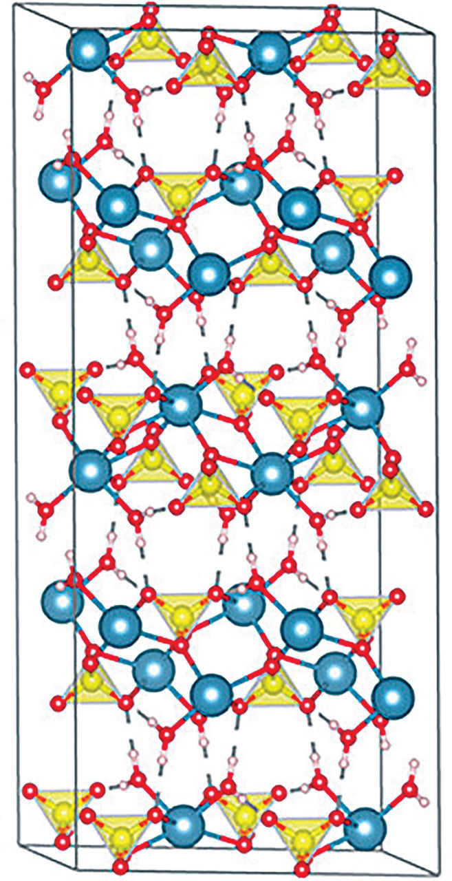 Detailed crystal structure of gypsum, highlighting the layers of calcium sulfate and water molecules, key to understanding crystal growth in Mexico's Cave of Crystals.