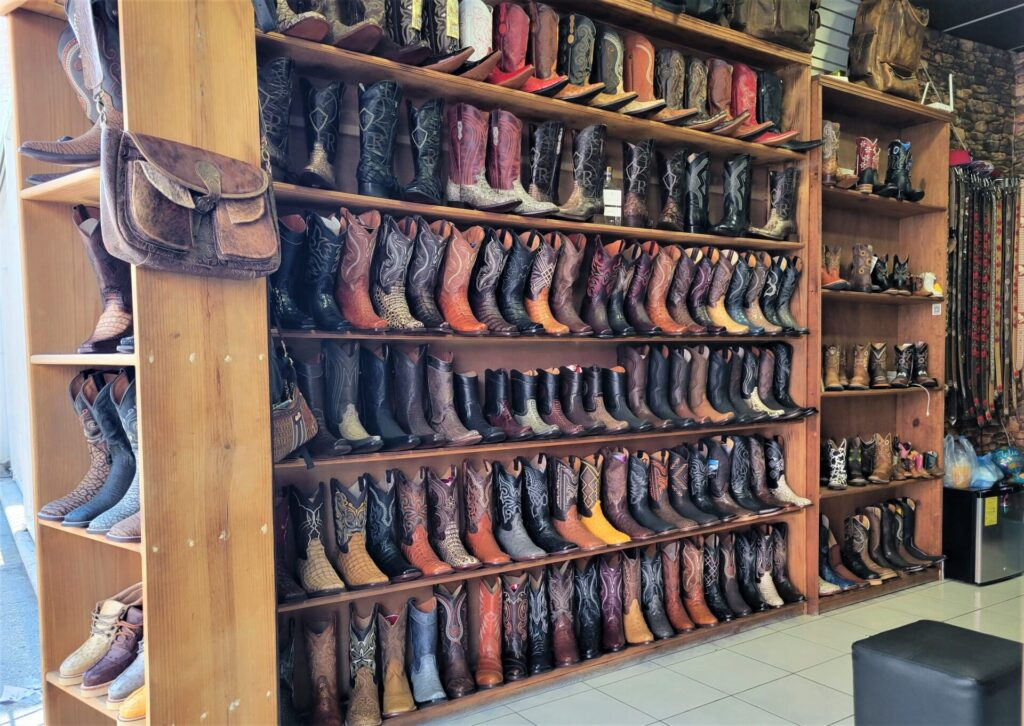 Display of various leather shoes in a shop in Leon Mexico
