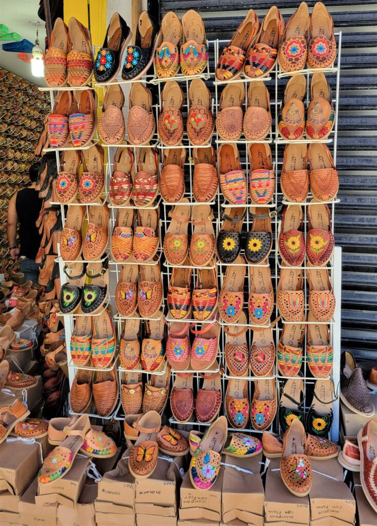 Huarache sandals on display in a leather shop in Leon Mexico