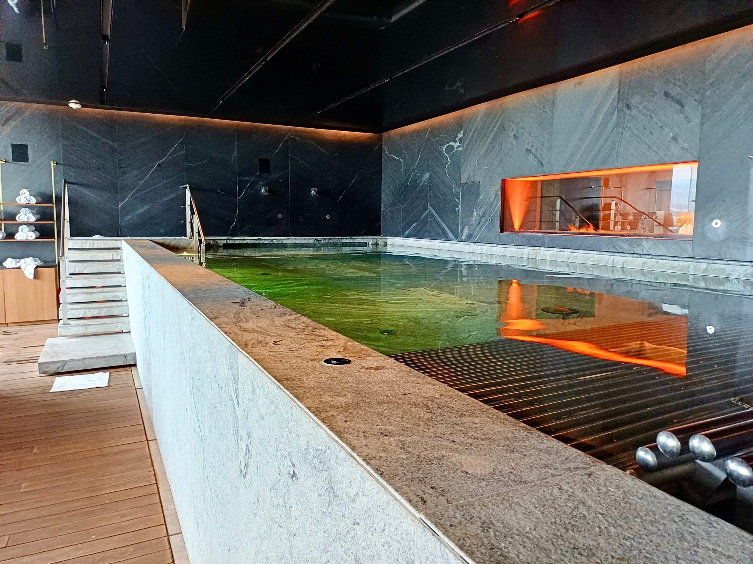 Indoor pool area at The Ritz-Carlton Mexico City spa, featuring a relaxing ambiance and city views.