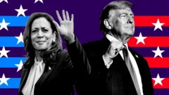 Montage with photograph of Kamala Harris and Donald Trump. Kamala Harris is on the left, wearing a suit and a white blouse, and waving her hand. Donald Trump is on the right, wearing a suit, a white shirt and a tie, and making a fist gesture.