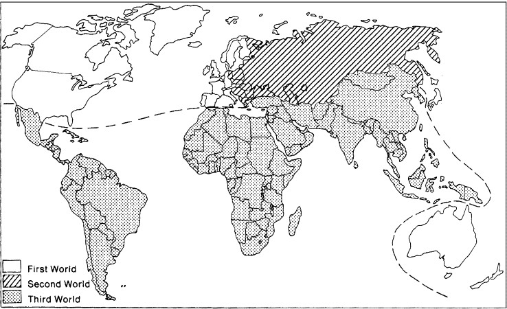 First, Second, and Third Worlds and the North–South division map illustrating Cold War era global classifications and economic disparities.