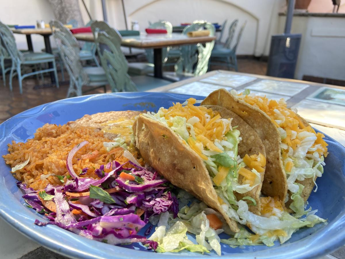 Chicken taco plate with rice and beans from Las Casuelas Nuevas, a family-owned Mexican restaurant in Mexican Palm Springs