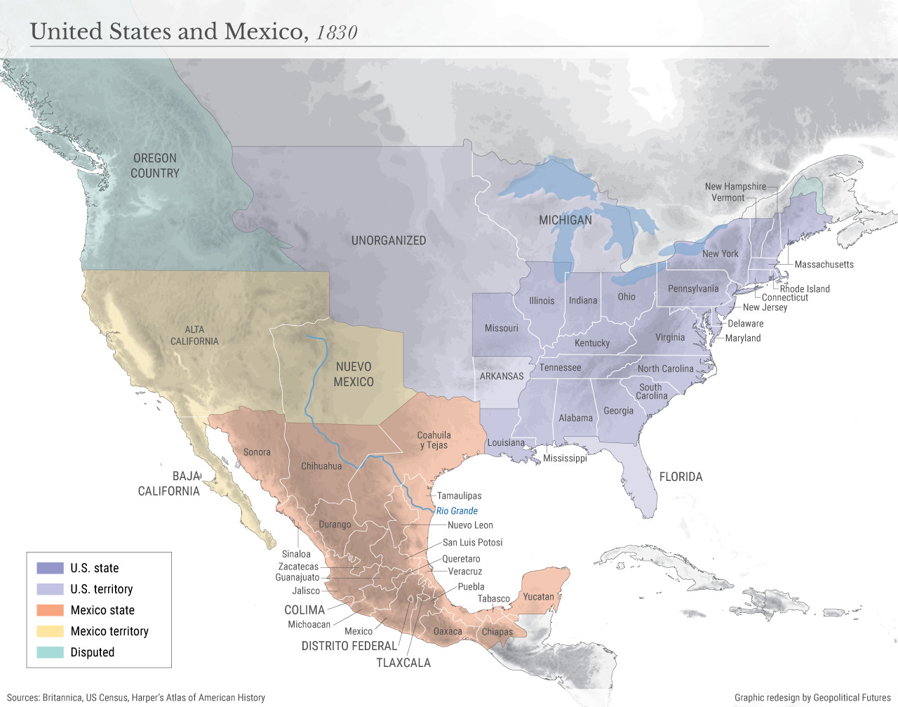 Map depicting the US and Mexico borders around 1830