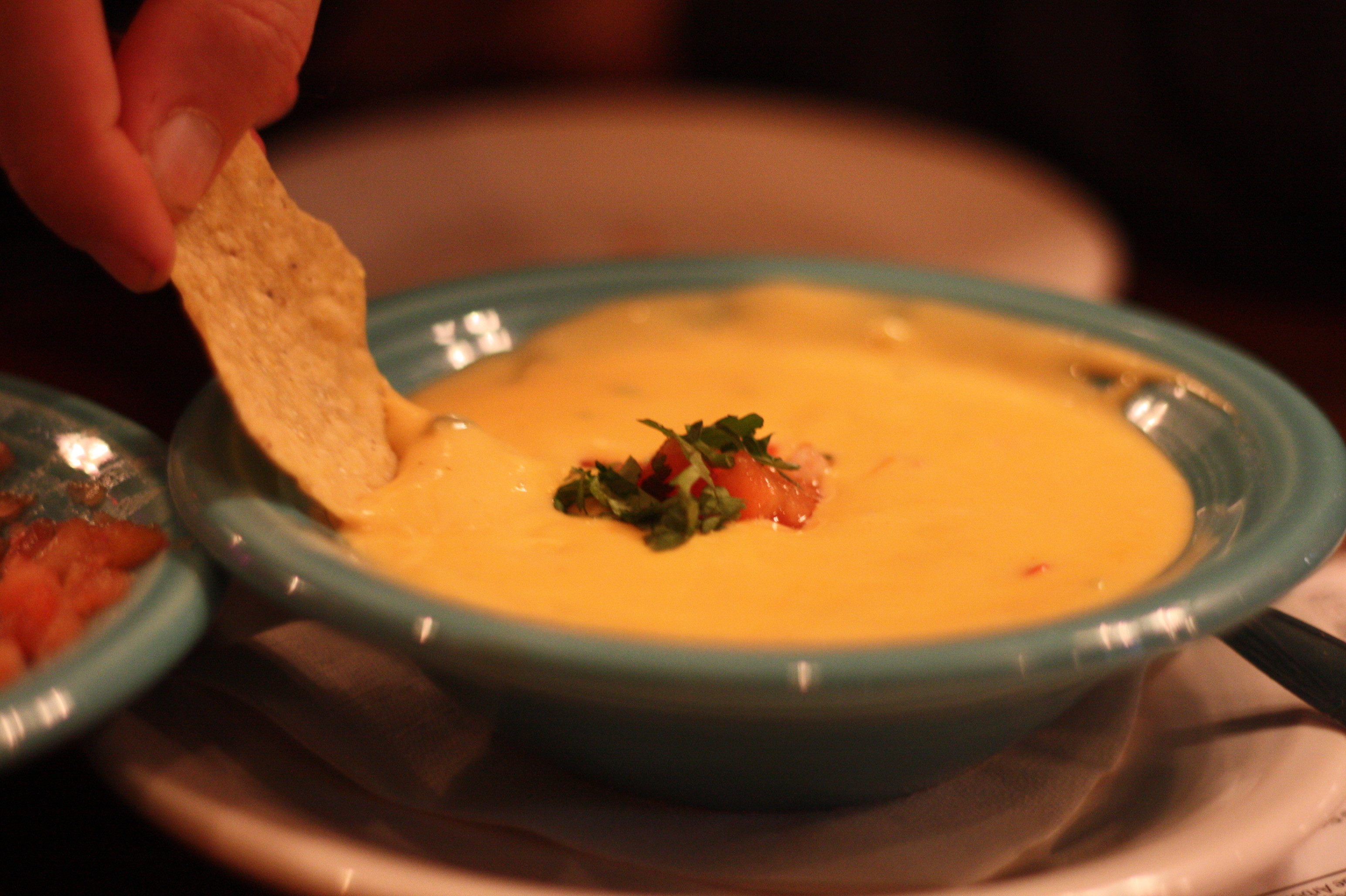 Close-up shot of Iguana Mexican Grill's Seven Pepper Queso, showcasing its cheesy and gooey texture, perfect as a flavorful appetizer.