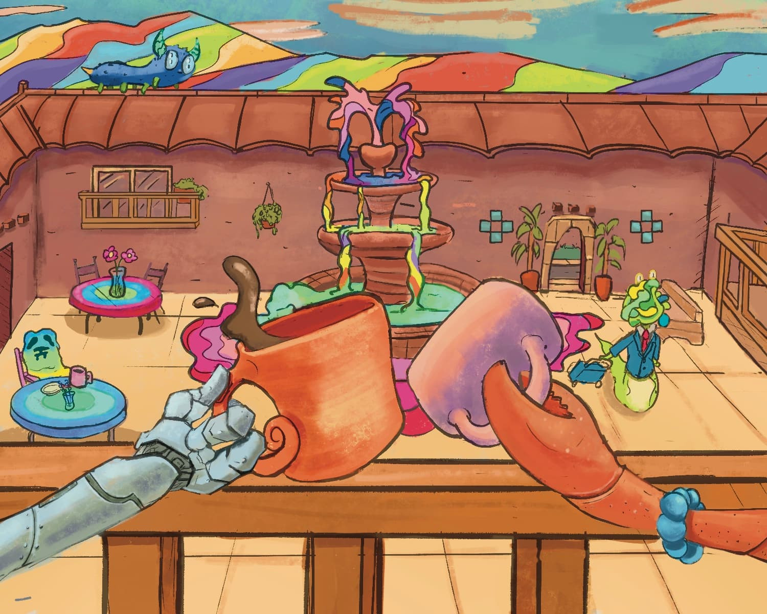 arm of a robot holding a coffee cup and a crab arm holding a cup, touching above a rainbow mountain range and a beautiful plaza with rainbow fountain