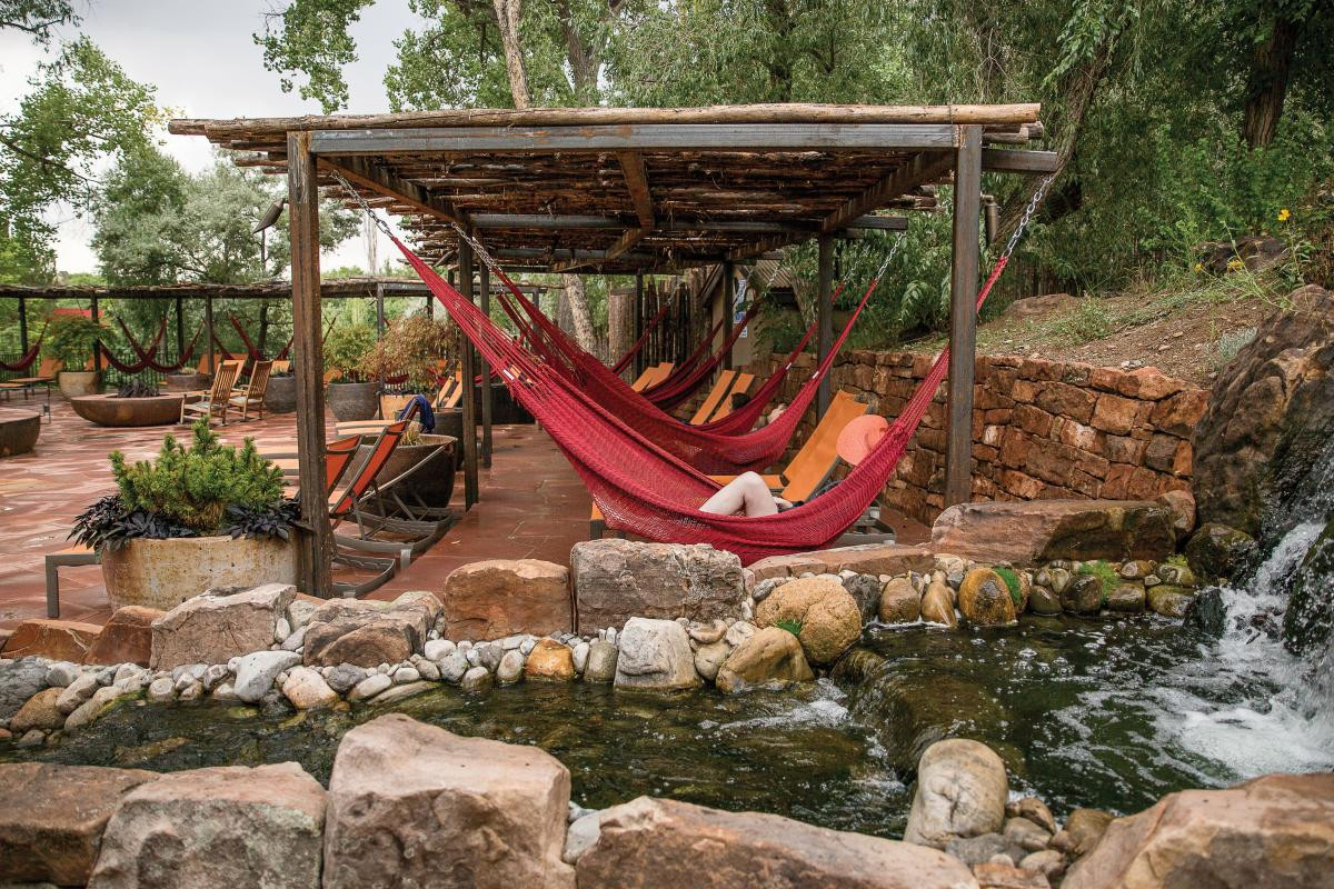 Hammocks are placed around the Repose Pools at the New Mexico resort, inviting guests to relax and enjoy the tranquil atmosphere.