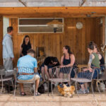 A group of resort guests are sitting in a chicken coop, holding fluffy Silkie chickens and feeding them dried worms, as part of the "Chicken Chats" class at the New Mexico resort.