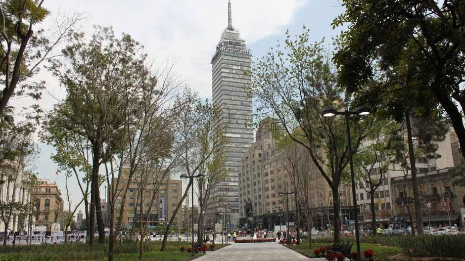 Panoramic view of Alameda Central park and Torre Latinoamericana skyscraper in CD de Mexico (Mexico City)