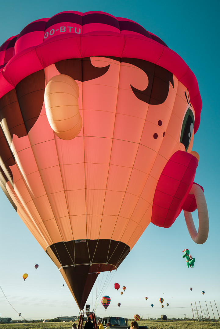 Hot air balloon in flight over Albuquerque during the International Balloon Fiesta.