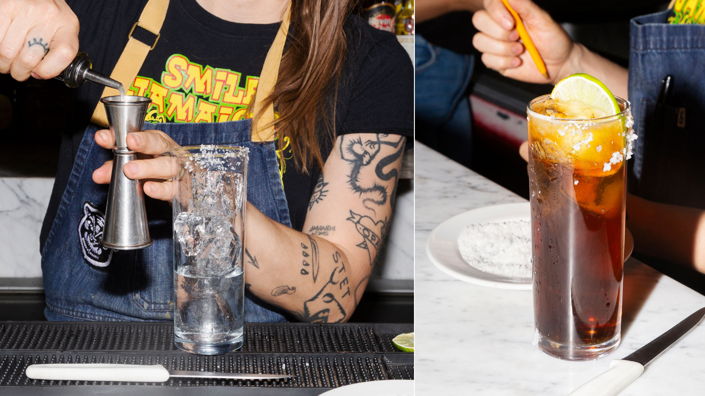 La Batanga cocktail with tequila, coke and lime, garnished with a lime wedge and salt rim, served in a highball glass.