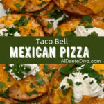 Close-up shot of a Taco Bell Mexican Pizza with visible layers of tortillas, beef, beans, sauce, and melted cheese, garnished with sour cream and parsley.
