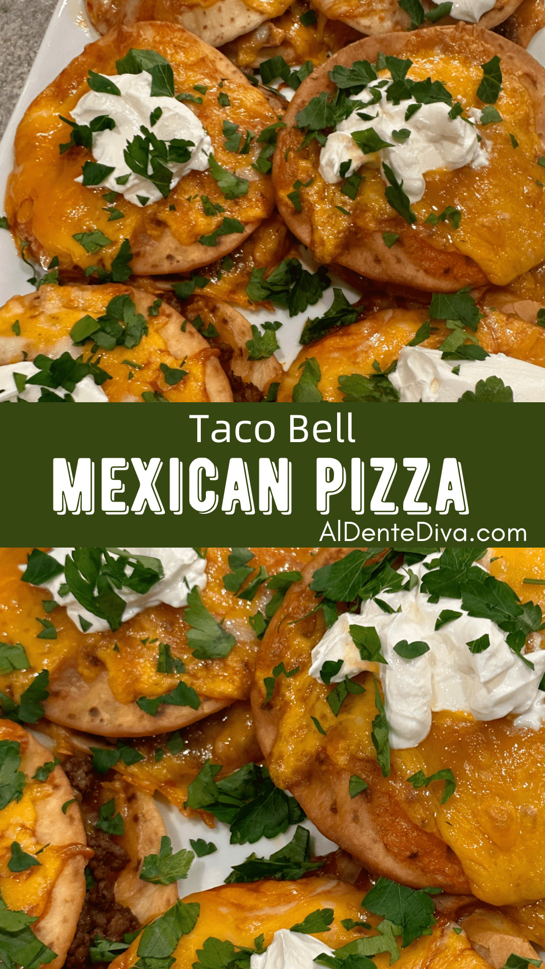 Close-up shot of a Taco Bell Mexican Pizza with visible layers of tortillas, beef, beans, sauce, and melted cheese, garnished with sour cream and parsley.