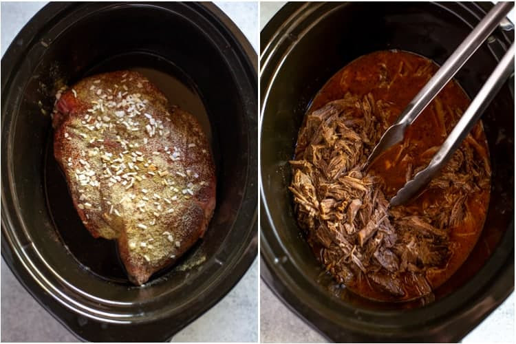A visual guide to preparing slow cooker beef for Mexican taquitos, showing a seasoned roast in a slow cooker before and after cooking and shredding.