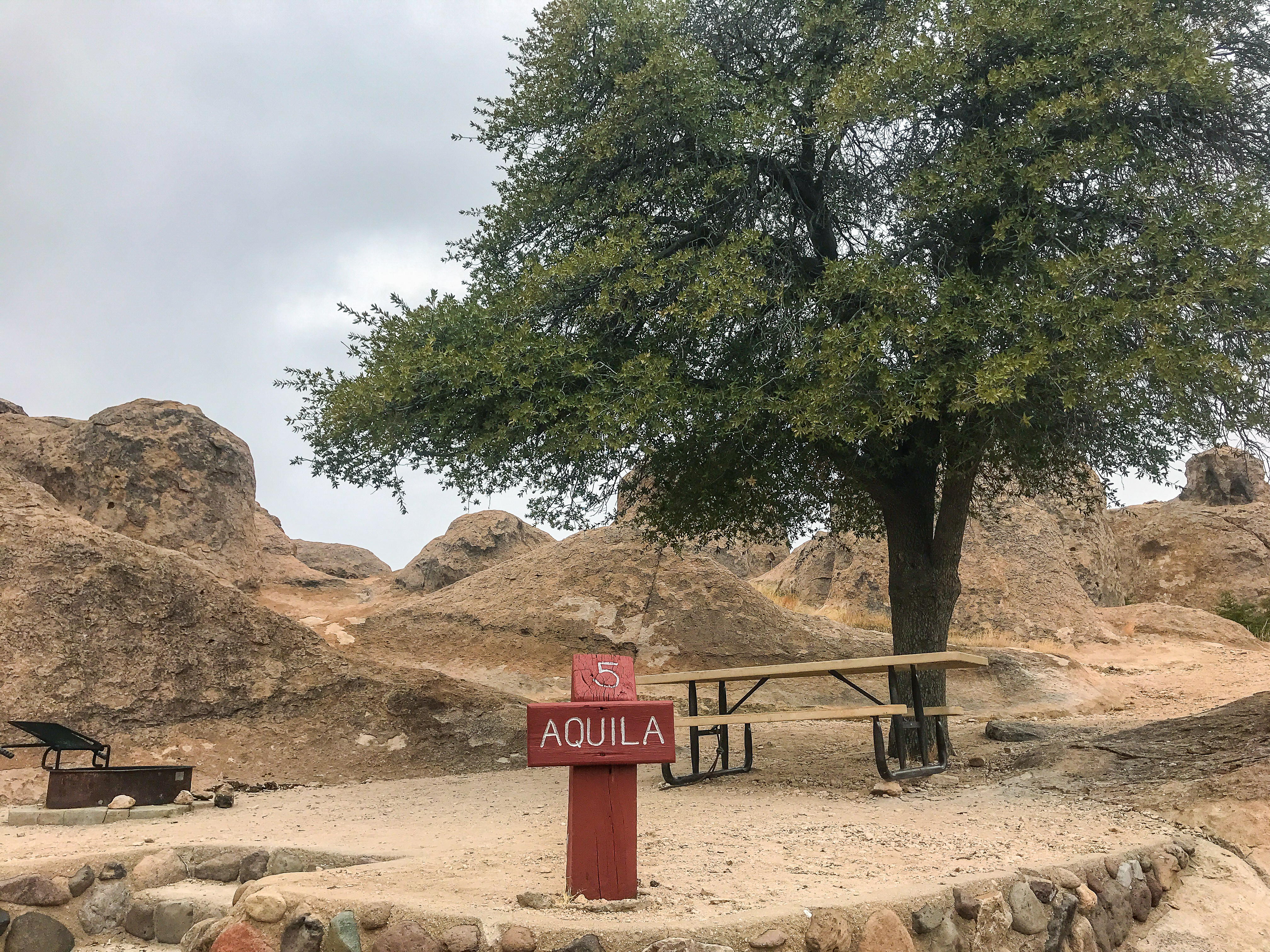 Well-equipped campsite at City of Rocks State Park, New Mexico, featuring picnic table and fire ring