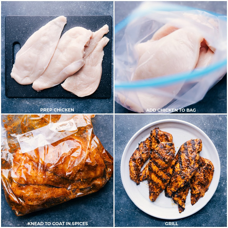 Image showing the process of preparing chicken for Mexican marinade, including trimming and placing chicken in a bag ready to be marinated