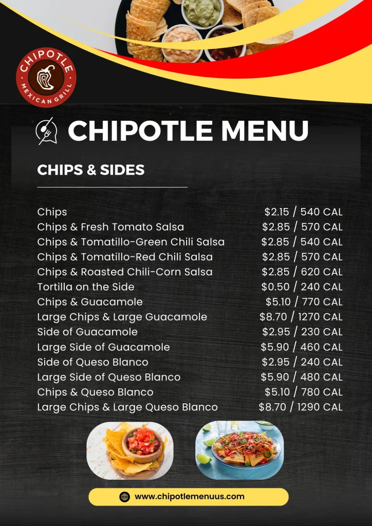 Chipotle Menu Chips &amp; sides with prices and calories