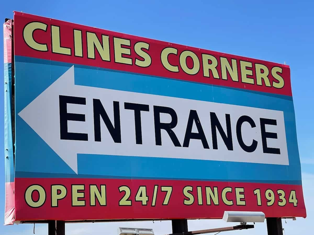 Entrance sign for Clines Corners Travel Center on Route 66, New Mexico