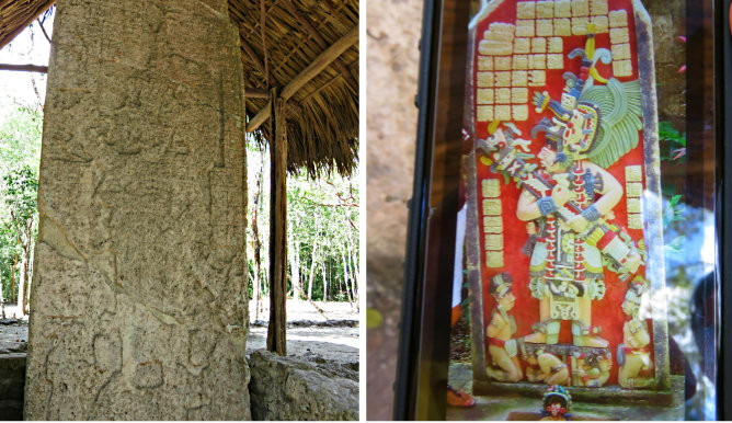 Ancient Mayan stela at Coba ruins, Mexico, depicting intricate carvings and historical significance, both in present condition and artist's rendering of original appearance
