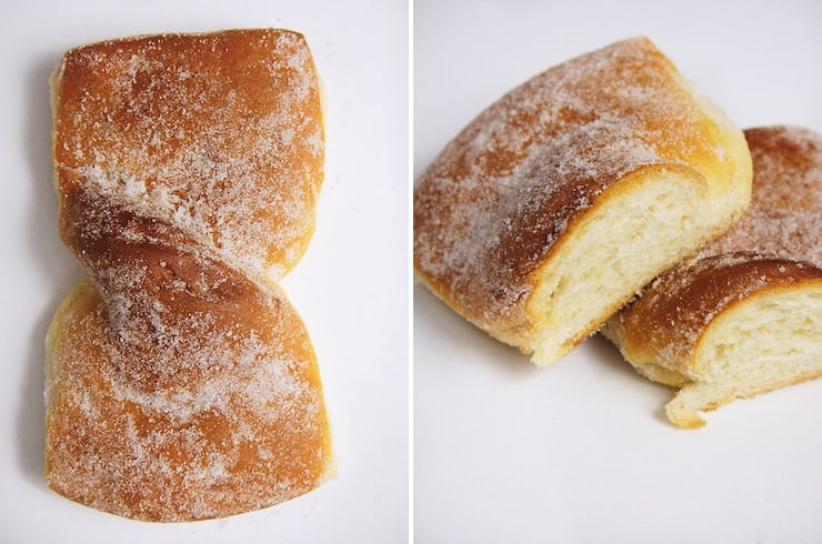 A Moño or Corbata pan dulce, showcasing its bow-tie shape and sugary coating.