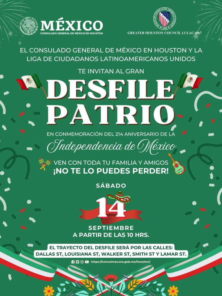 Patriotic parade in downtown Houston featuring vibrant cultural attire and floats