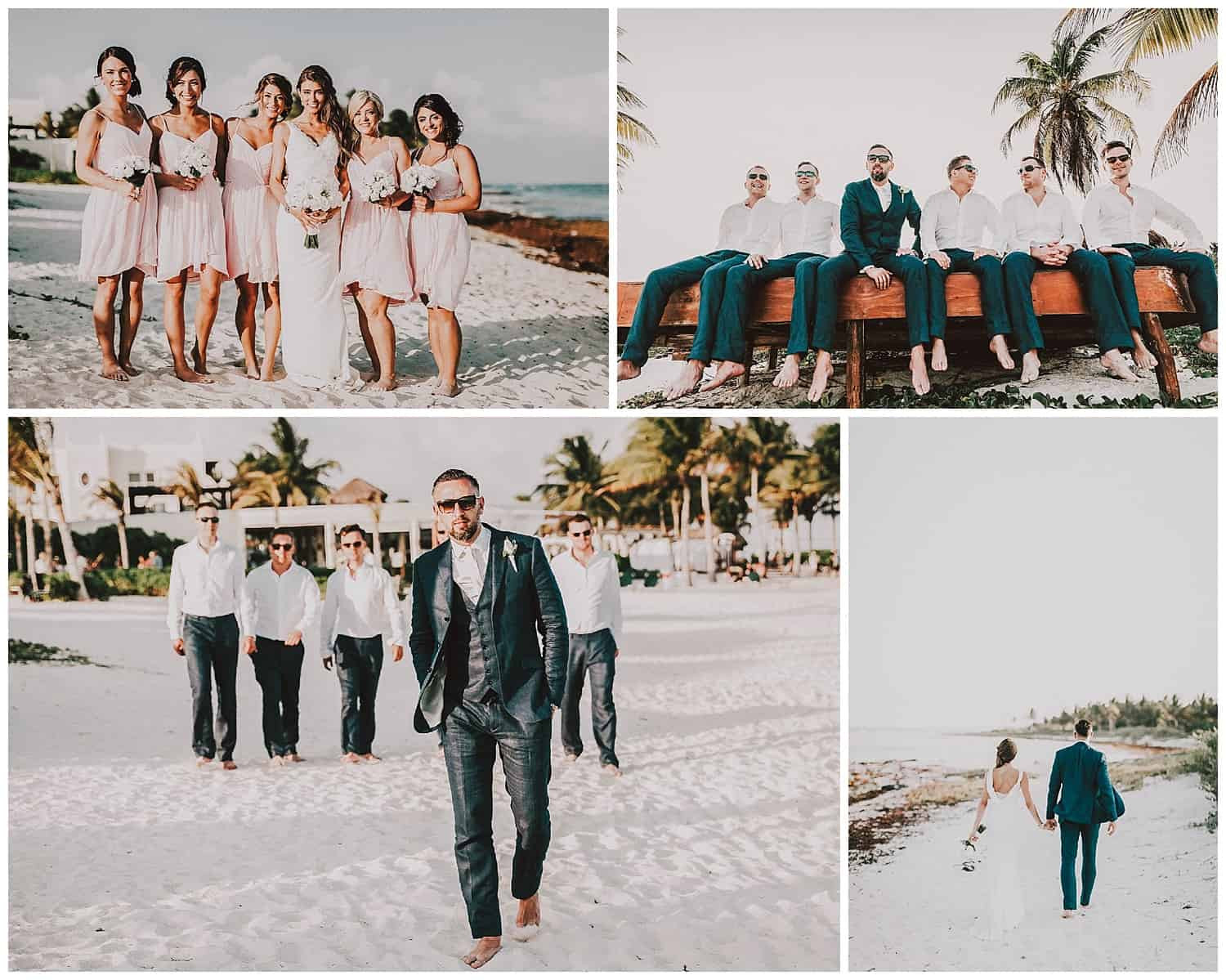 Sunset wedding photos at Dreams Tulum beach in Mexico.