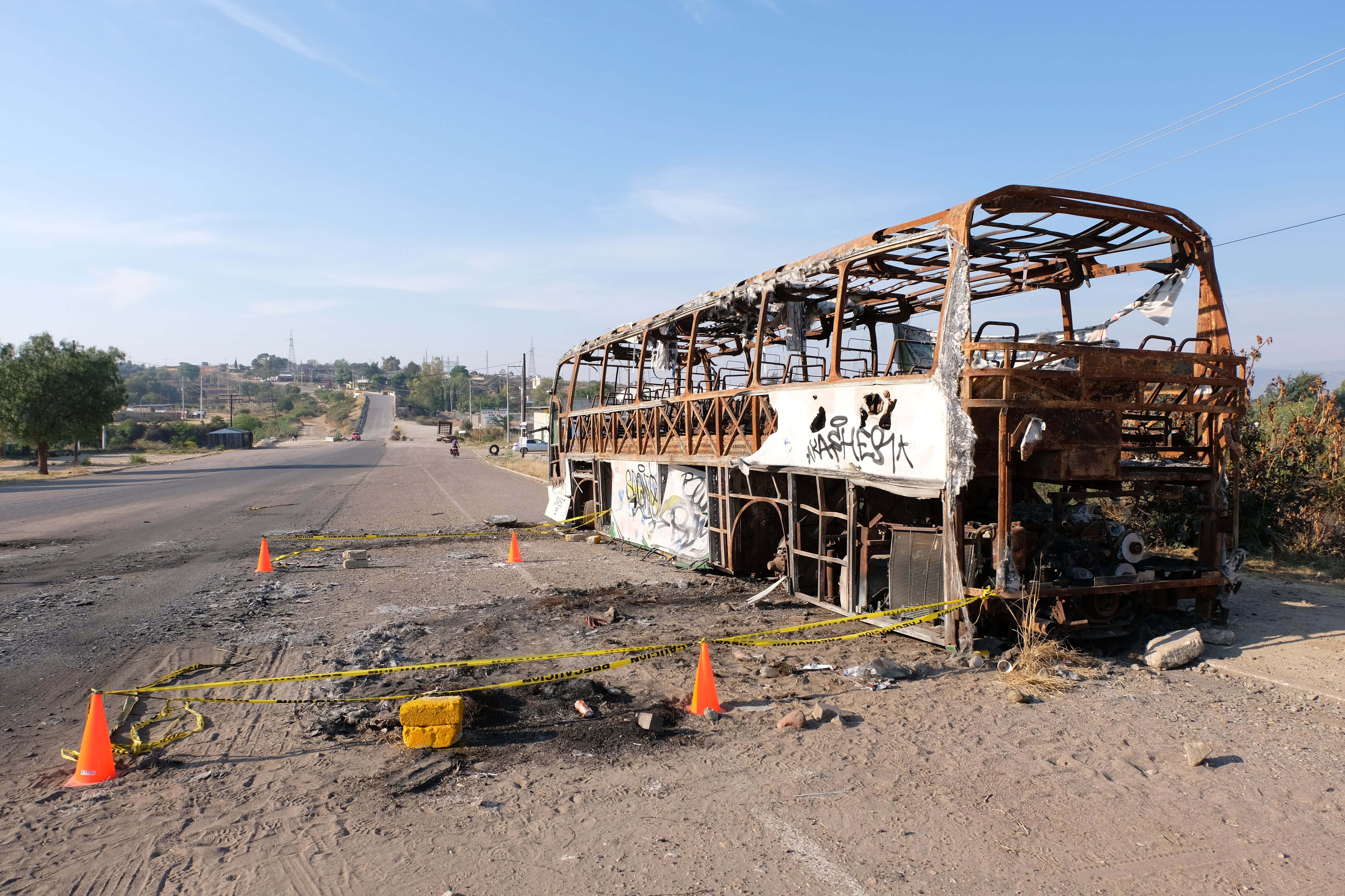 Burnt out bus on our way out of the city