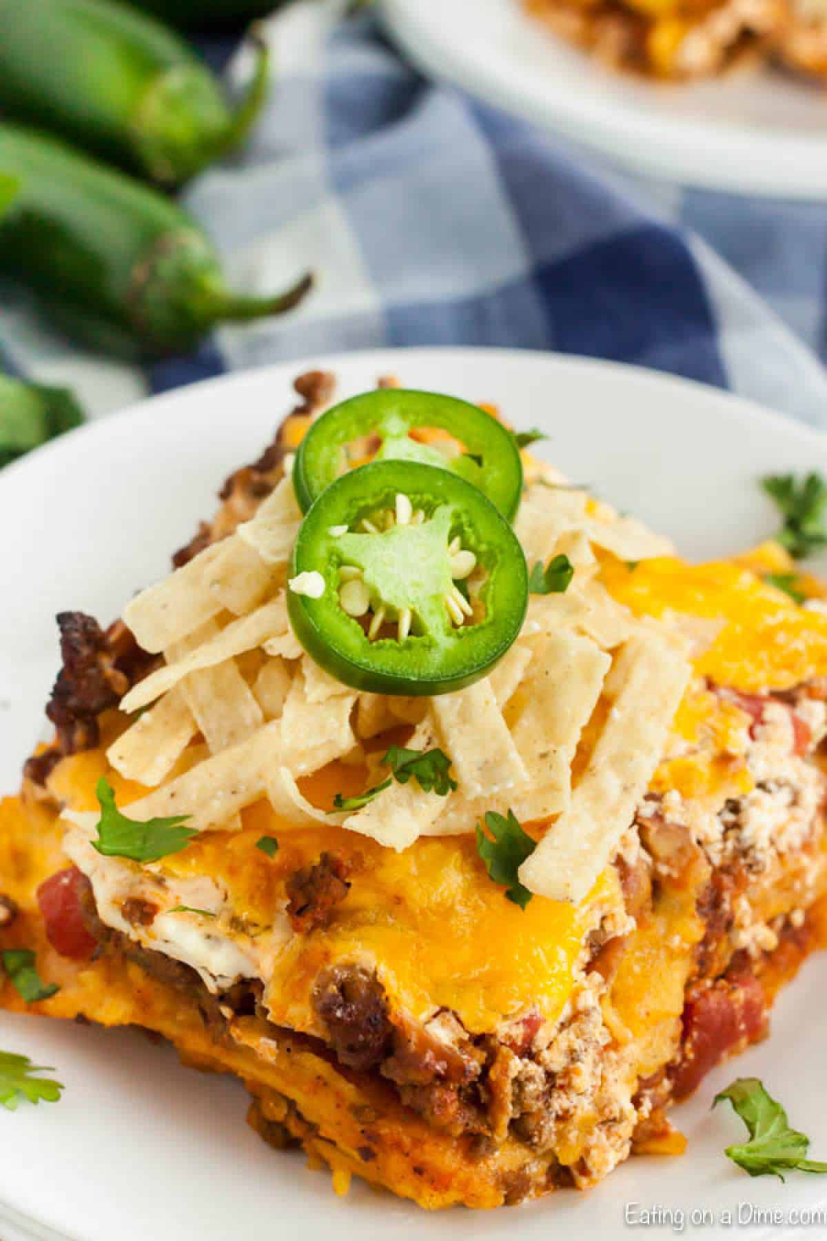 A piece of Mexican casserole on a plate garnished with tortilla strips and jalapeños.