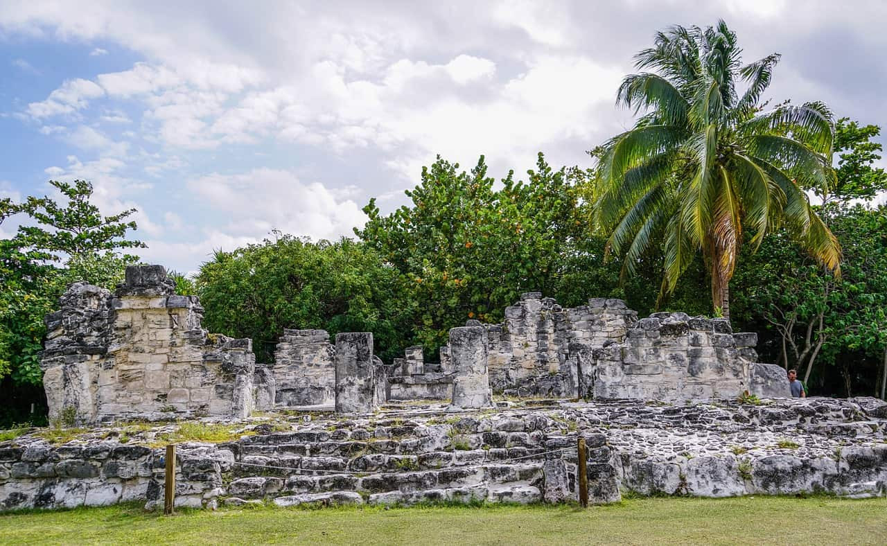 Stone Mayan ruins in jungle
