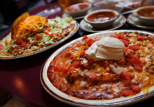 Chicken enchiladas with red chile sauce at Sadie's of New Mexico, Albuquerque food
