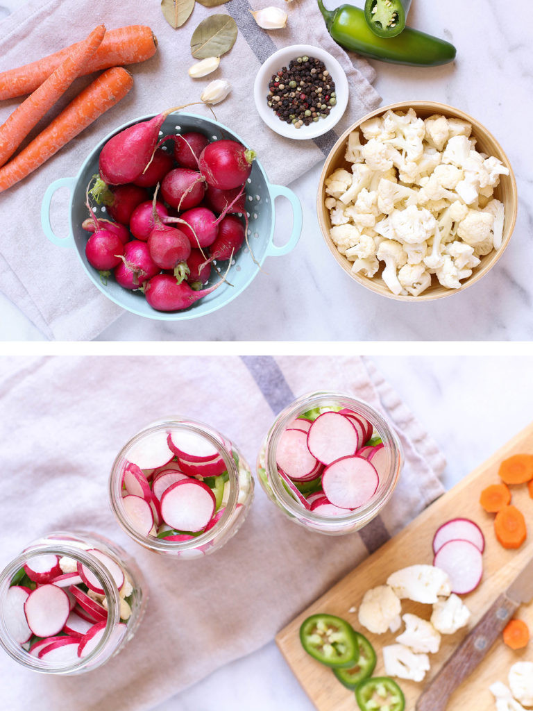 Jars filled with homemade Mexican escabeche showing layers of colorful pickled vegetables
