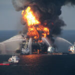 Fireboats battling the Deepwater Horizon oil rig fire in the Gulf of Mexico after the explosion.