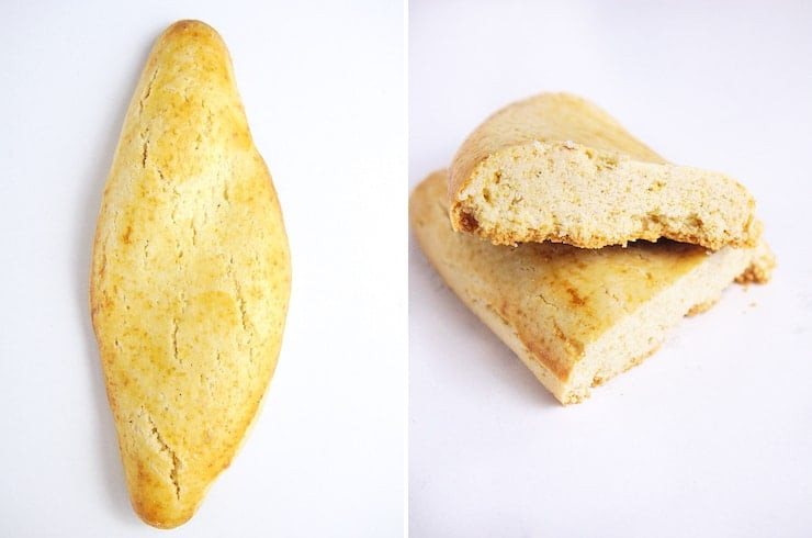 A Gendarme pan dulce, highlighting its unique shape and crumbly texture.