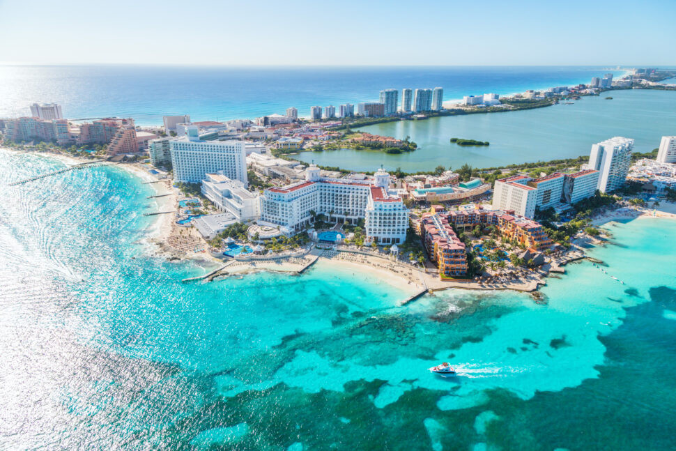 Aerial view of beautiful beaches in Cancun, Quintana Roo, Mexico, a major tourist destination with safe zones and a key international airport