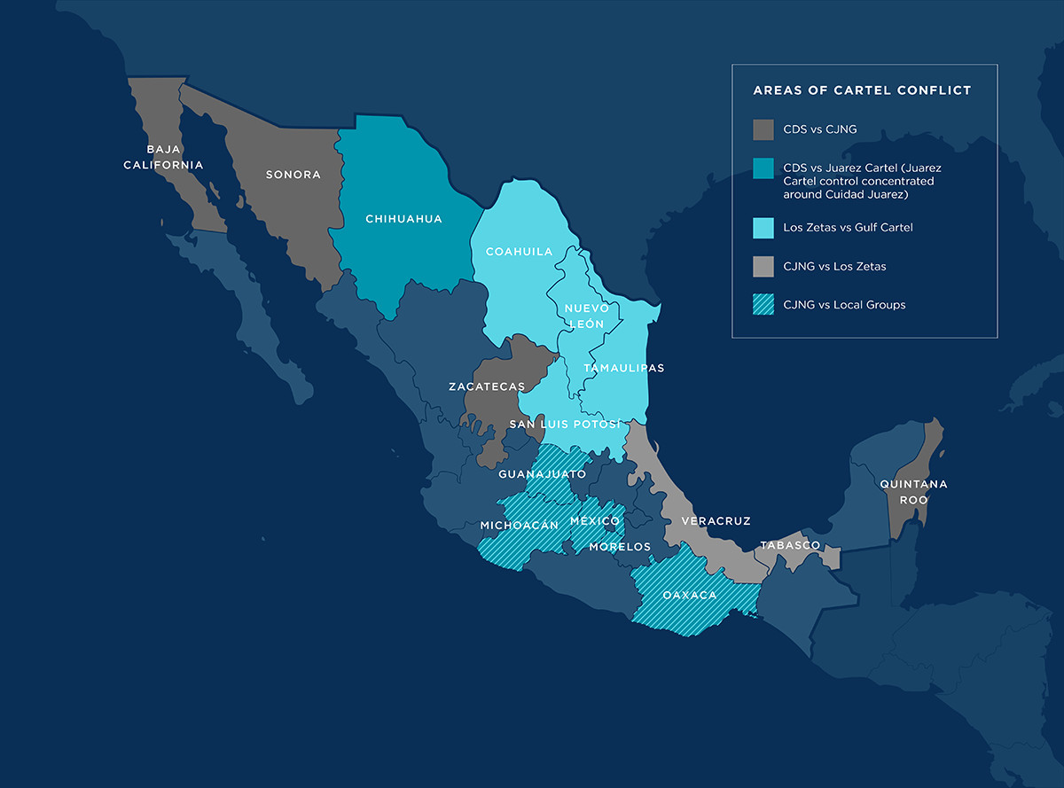 Mexican Cartel Risk Map 2023: Visual representation of cartel influence and high-risk areas in Mexico, highlighting the pervasive drug war and its impact across the country.