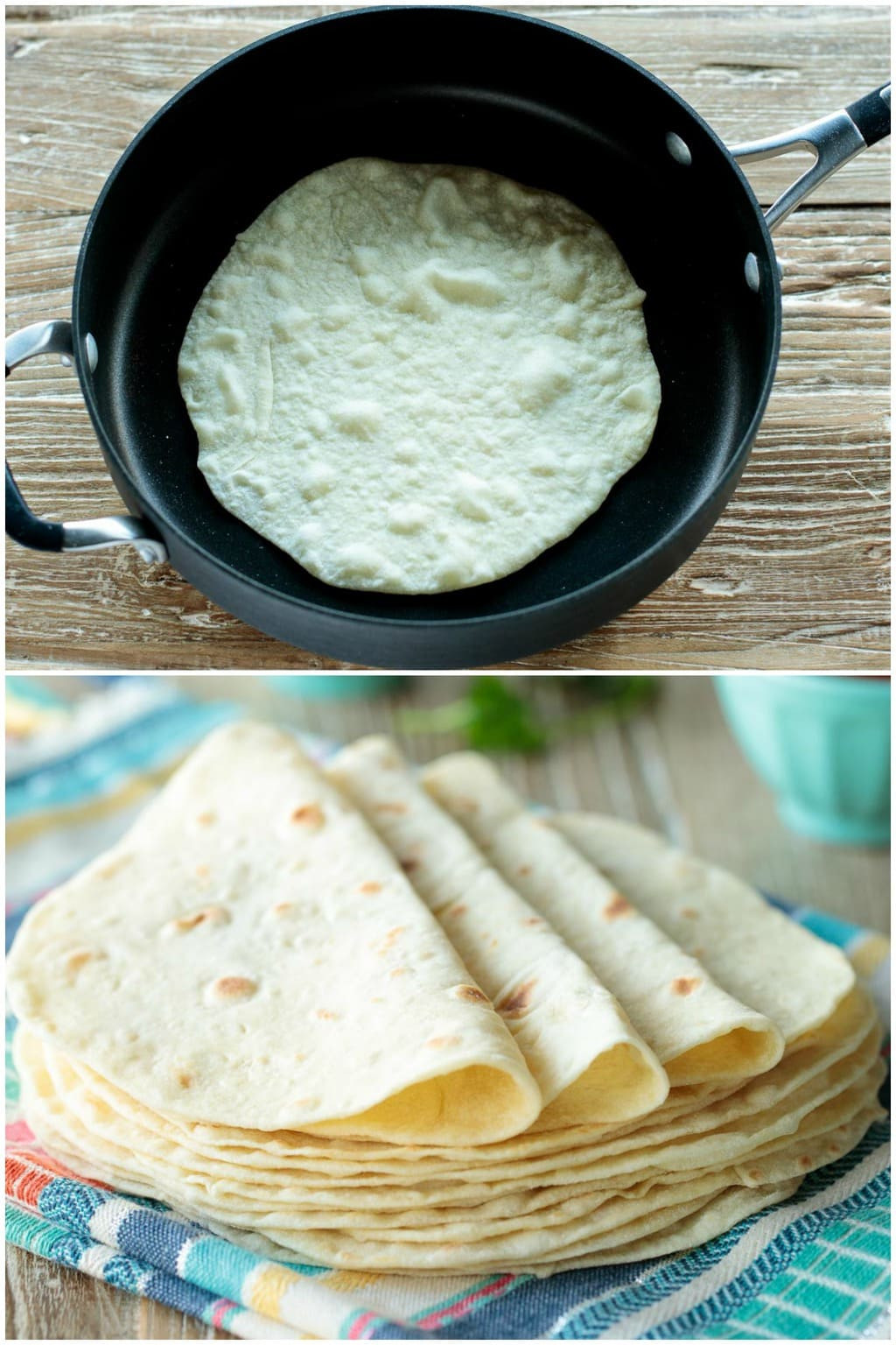 Collage of images showing tortillas cooking in a pan and a stack of finished tortillas being served.