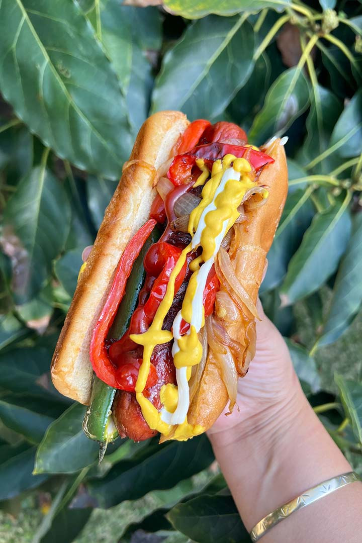 A hand holding a fully loaded Homemade Mexican Hot Dog, showcasing all the toppings and condiments, emphasizing the deliciousness and authenticity.