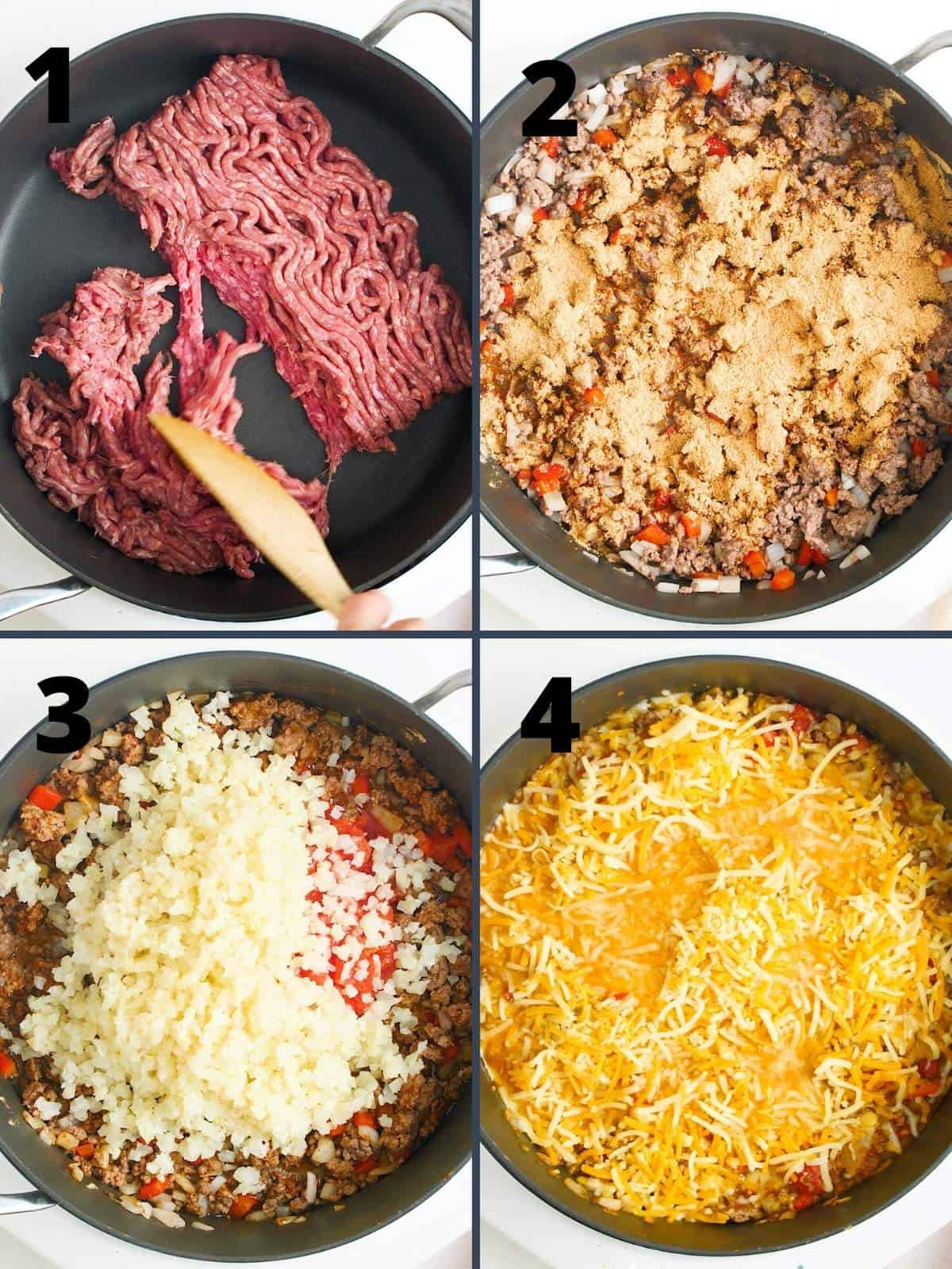 A collage showing the steps to make Mexican cauliflower rice: browning beef, adding vegetables, simmering, and melting cheese.