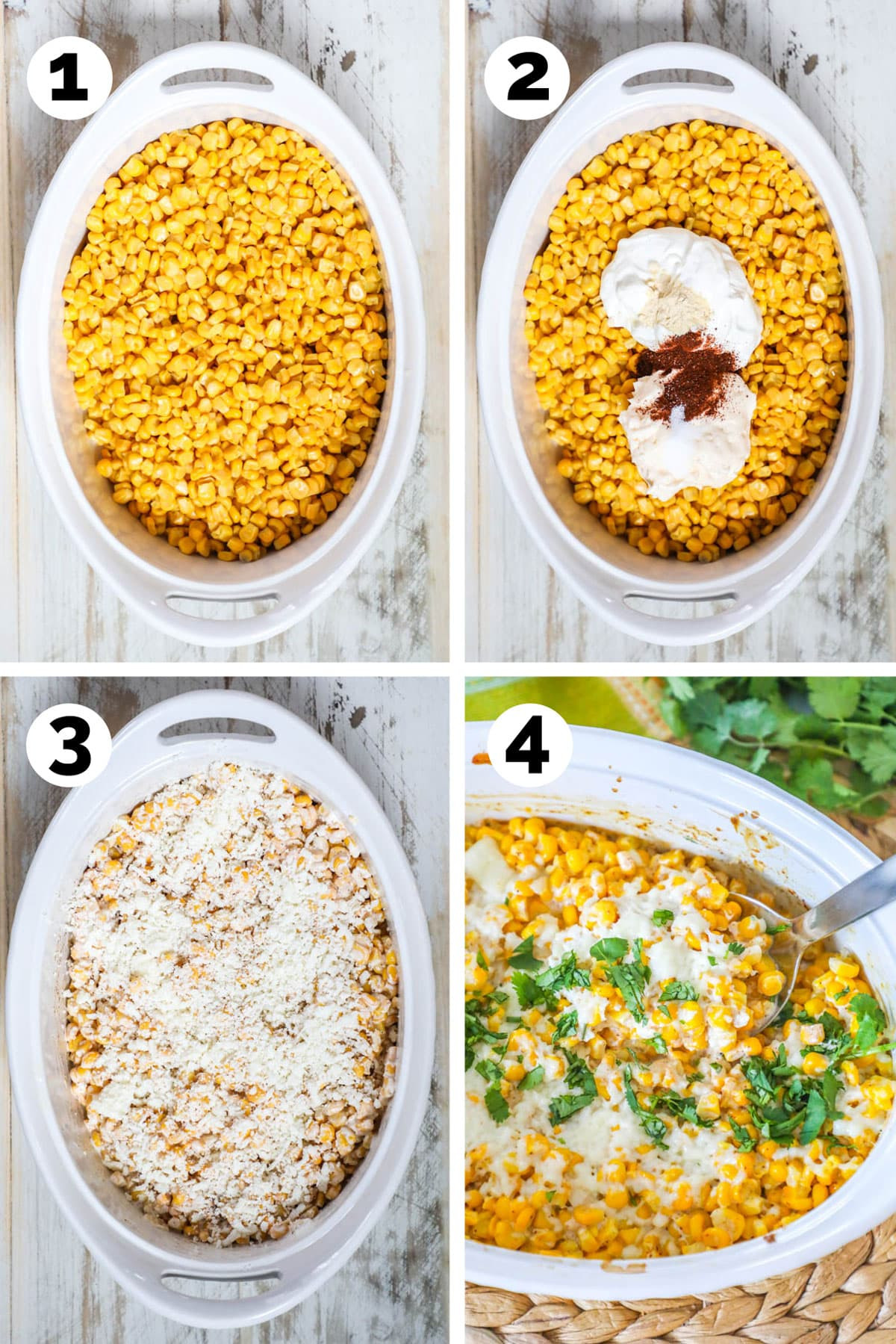 Step-by-step instructions for preparing Mexican Street Corn Casserole, showing the process of mixing corn, mayonnaise, sour cream, and spices in a casserole dish, topping with cheese, and baking before garnishing with cilantro.