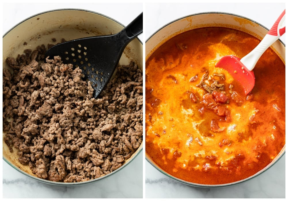 A pot with ground beef being browned and drained, illustrating the first steps of making Mexican Pasta.