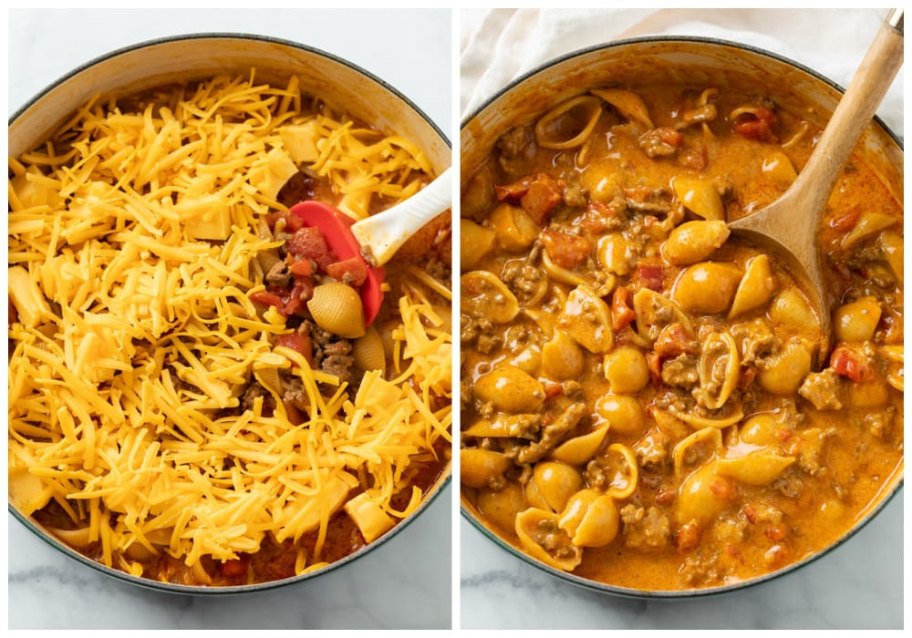 Melted cheese being stirred into the cooked pasta and taco sauce, creating the creamy texture of Mexican Pasta.