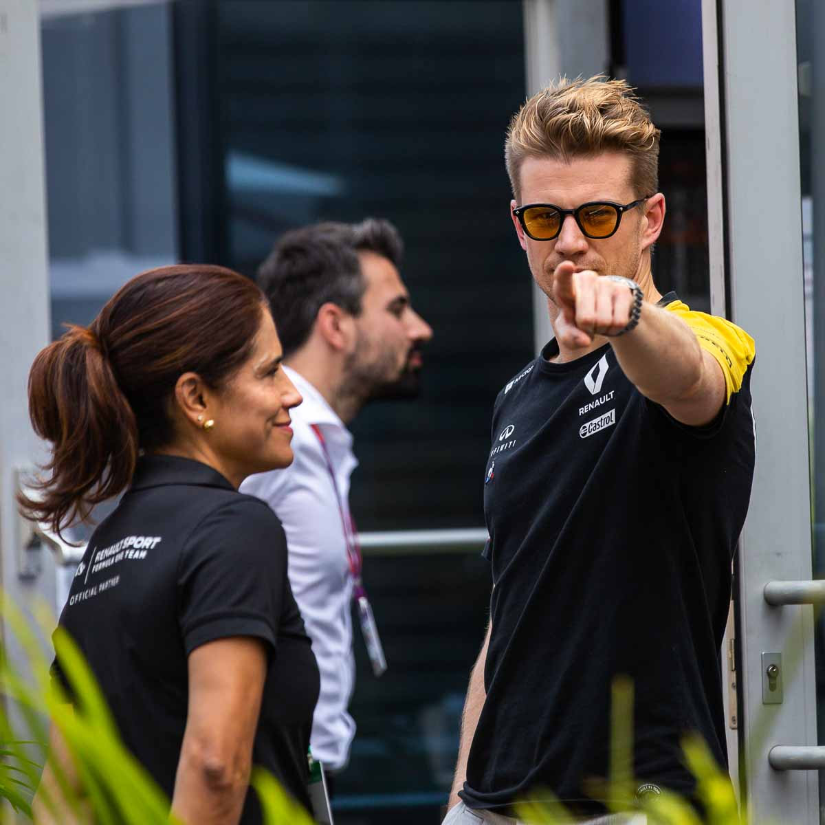 Nico Hulkenberg poses with sunglasses in the Formula 1 paddock at the Mexican Grand Prix