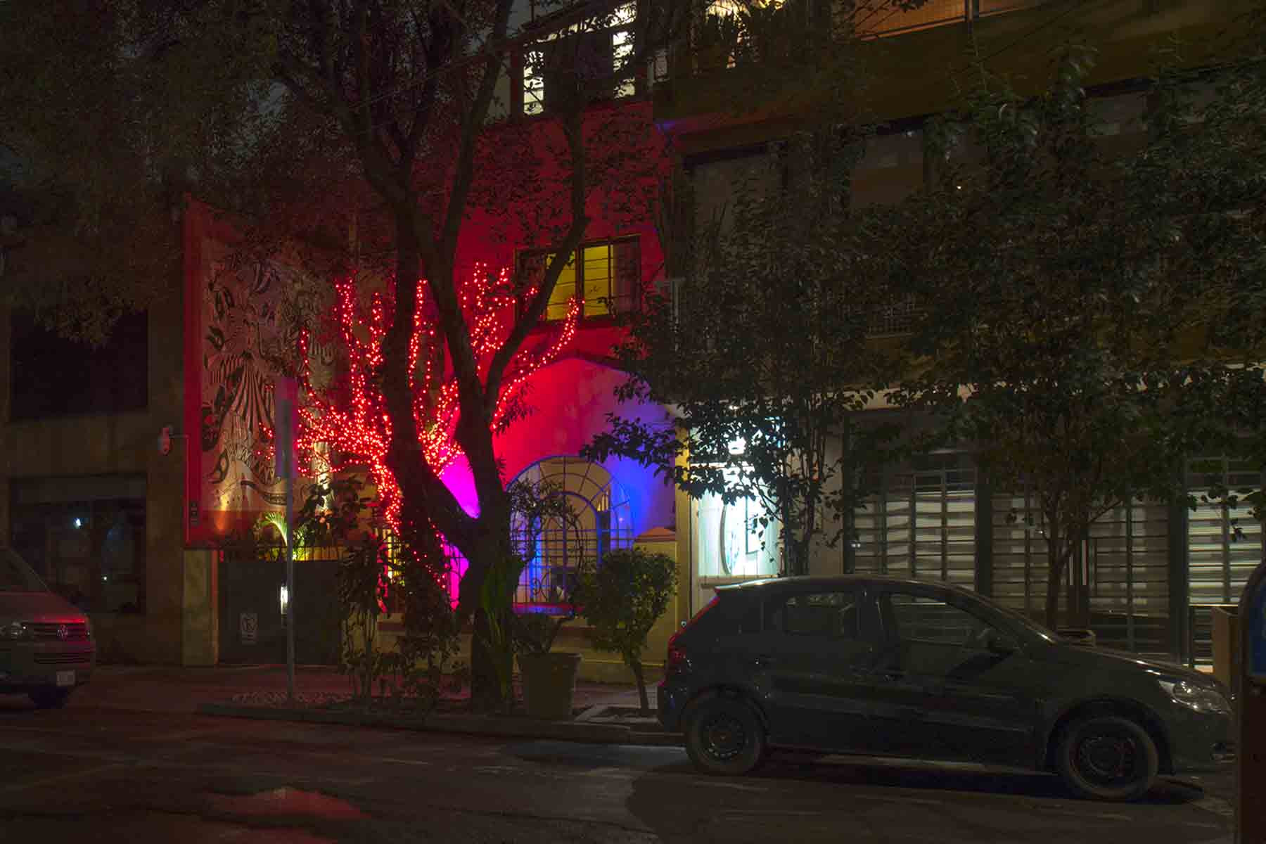 Red Tree House at night in Mexico City, showcasing its charming red fairy lights