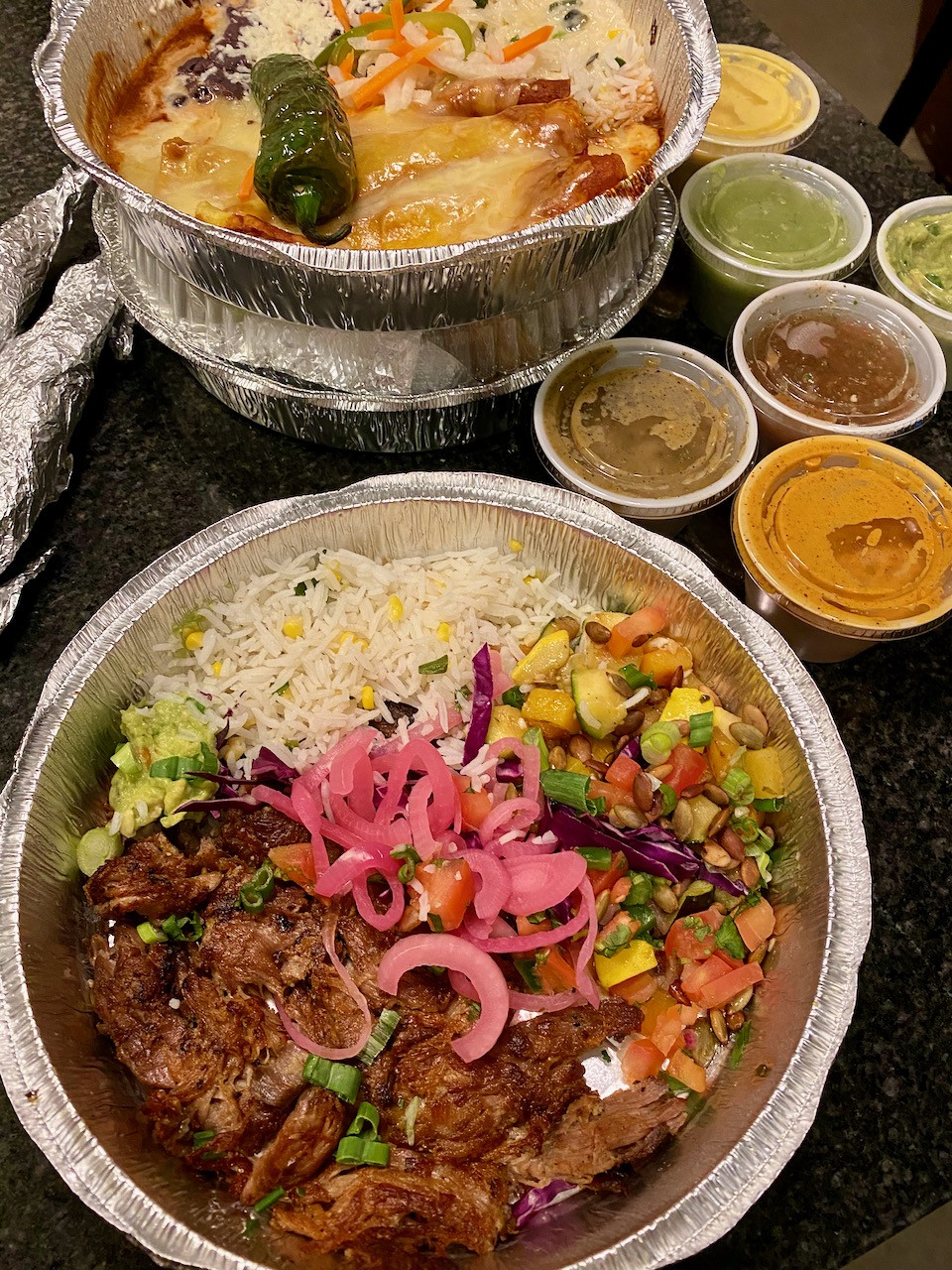 Takeout from Eldorado Cafe, a great option for gluten-free Mexican food in Austin