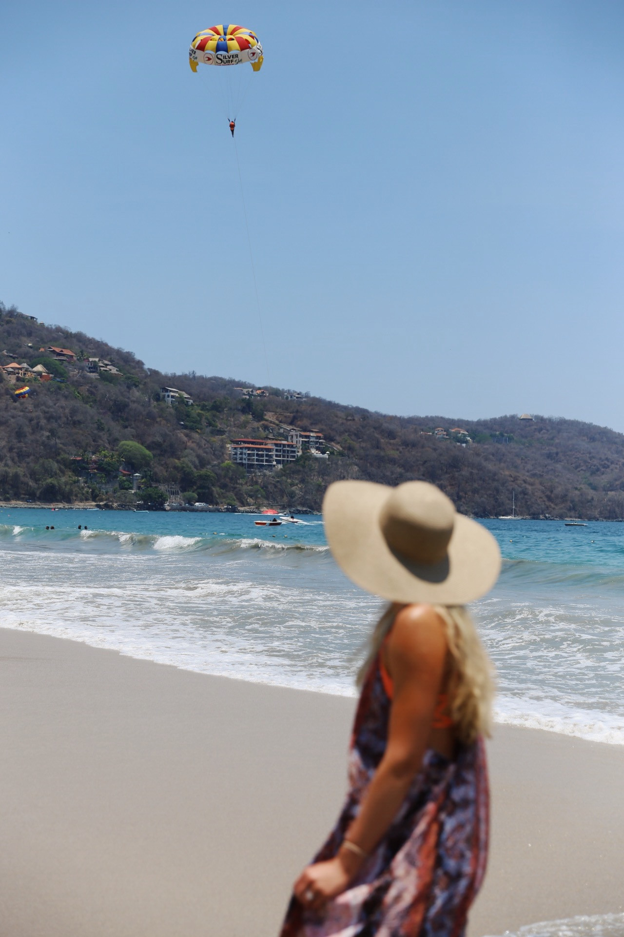 Palm trees lining Playa La Ropa beach in Zihuatanejo, Mexico