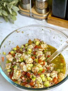 Finished Mexican Shrimp Ceviche in a serving bowl, ready to be enjoyed, emphasizing the final presentation of the dish.