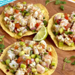 Close-up shot of vibrant Mexican Shrimp Ceviche with visible shrimp, tomatoes, cucumber, red onion, and cilantro, highlighting the fresh ingredients.